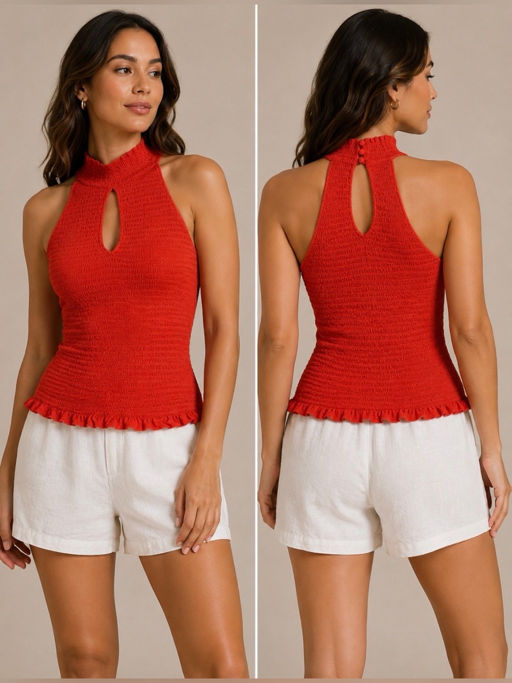 VENUS Vibrant Red/Orange Smocked Keyhole Detail Sleeveless Halter Top NWOTs